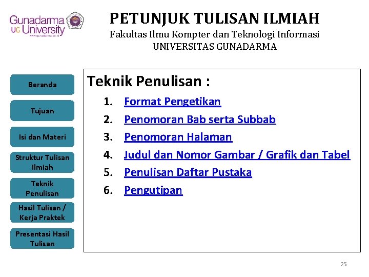 PETUNJUK TULISAN ILMIAH Fakultas Ilmu Kompter dan Teknologi Informasi UNIVERSITAS GUNADARMA Beranda Tujuan Isi