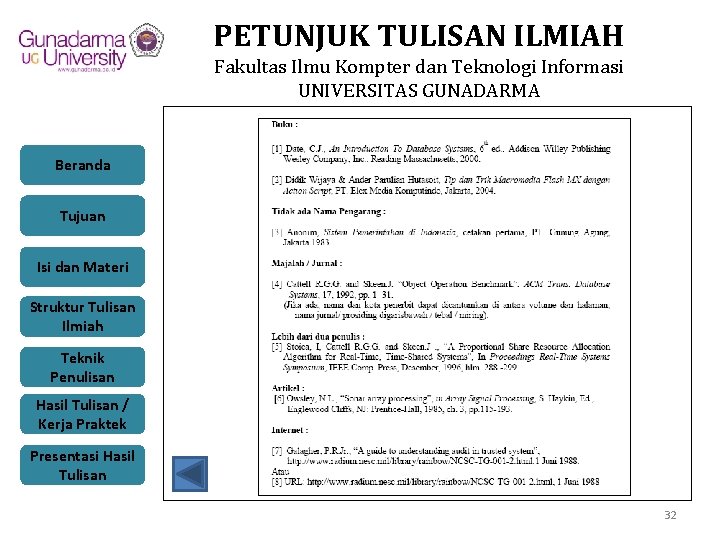 PETUNJUK TULISAN ILMIAH Fakultas Ilmu Kompter dan Teknologi Informasi UNIVERSITAS GUNADARMA Beranda Tujuan Isi