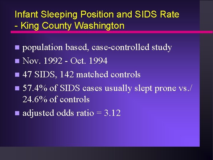 Infant Sleeping Position and SIDS Rate - King County Washington population based, case-controlled study
