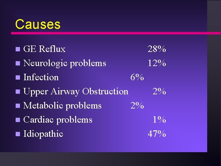 Causes GE Reflux n Neurologic problems n Infection 6% n Upper Airway Obstruction n