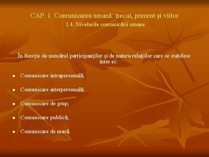 CAP. 1. Comunicarea umană: trecut, prezent şi viitor 1. 4. Nivelurile comunicării umane În