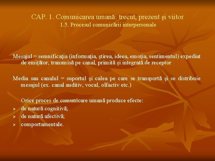 CAP. 1. Comunicarea umană: trecut, prezent şi viitor 1. 5. Procesul comunicării interpersonale Mesajul