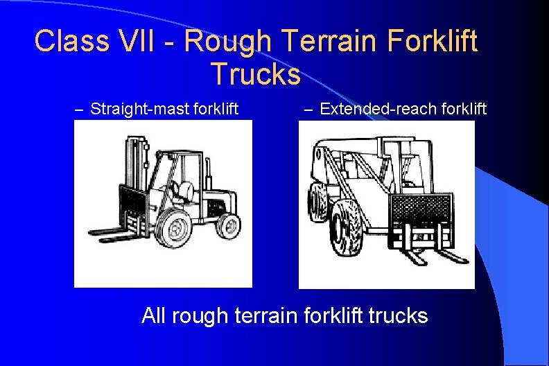 Class VII - Rough Terrain Forklift Trucks – Straight-mast forklift – Extended-reach forklift All