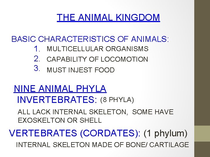THE ANIMAL KINGDOM BASIC CHARACTERISTICS OF ANIMALS: 1. MULTICELLULAR ORGANISMS 2. CAPABILITY OF LOCOMOTION