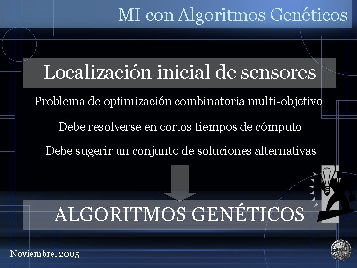 MI con Algoritmos Genéticos Localización inicial de sensores Problema de optimización combinatoria multi-objetivo Debe