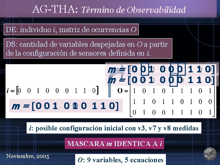 AG-THA: Término de Observabilidad DE: individuo i, matriz de ocurrencias O DS: cantidad de
