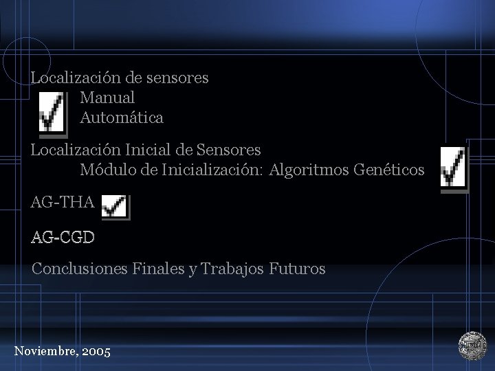 Localización de sensores Manual Automática Localización Inicial de Sensores Módulo de Inicialización: Algoritmos Genéticos