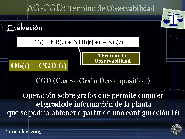 AG-CGD: Término de Observabilidad Evaluación F (i) = NR(i) + NOb(i) +1 – NC(i)