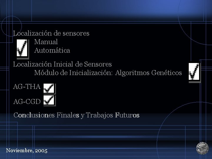Localización de sensores Manual Automática Localización Inicial de Sensores Módulo de Inicialización: Algoritmos Genéticos