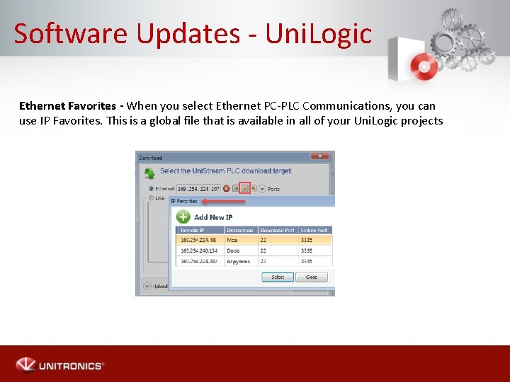 Software Updates - Uni. Logic Ethernet Favorites - When you select Ethernet PC-PLC Communications,
