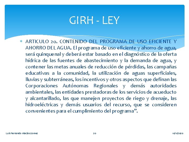 GIRH - LEY ARTICULO 2 o. CONTENIDO DEL PROGRAMA DE USO EFICIENTE Y AHORRO