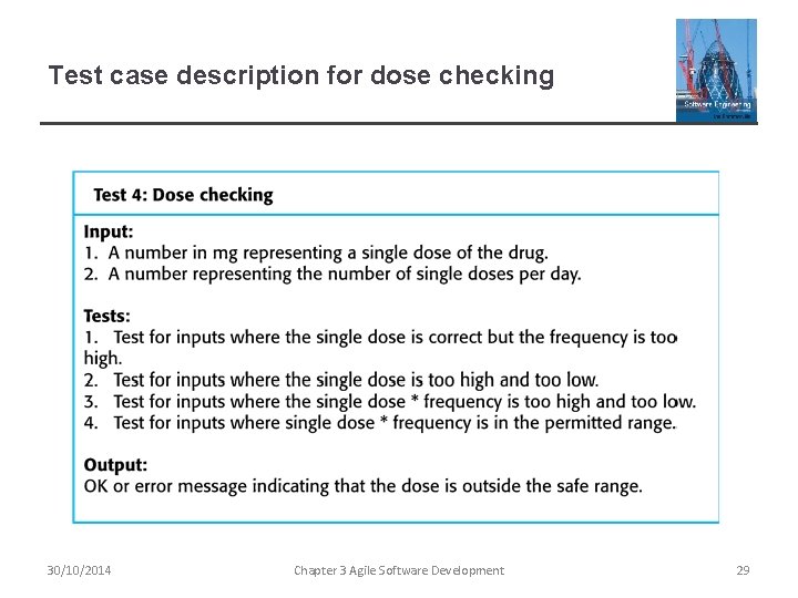 Test case description for dose checking 30/10/2014 Chapter 3 Agile Software Development 29 