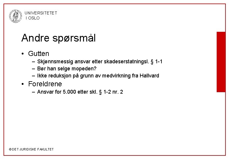 UNIVERSITETET I OSLO Andre spørsmål • Gutten – Skjønnsmessig ansvar etter skadeserstatningsl. § 1