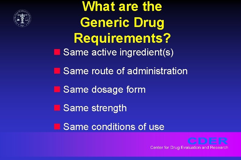 What are the Generic Drug Requirements? n Same active ingredient(s) n Same route of