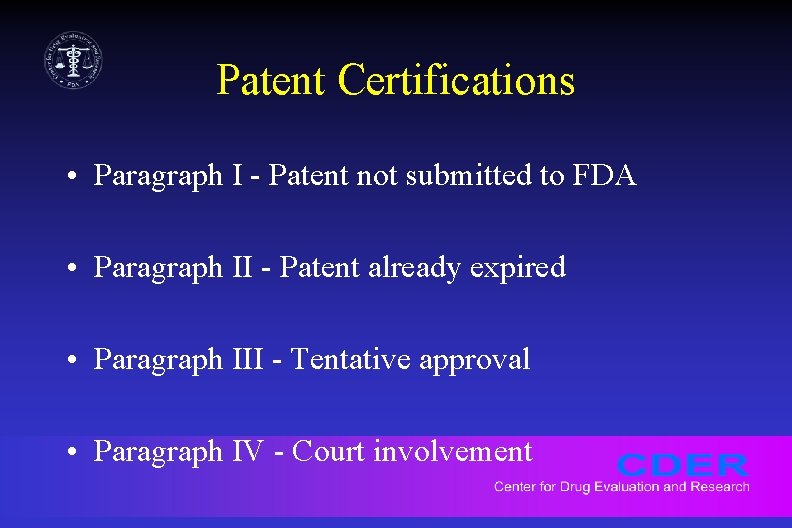 Patent Certifications • Paragraph I - Patent not submitted to FDA • Paragraph II