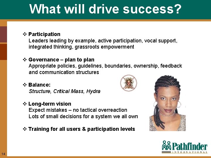 What will drive success? v Participation Leaders leading by example, active participation, vocal support,