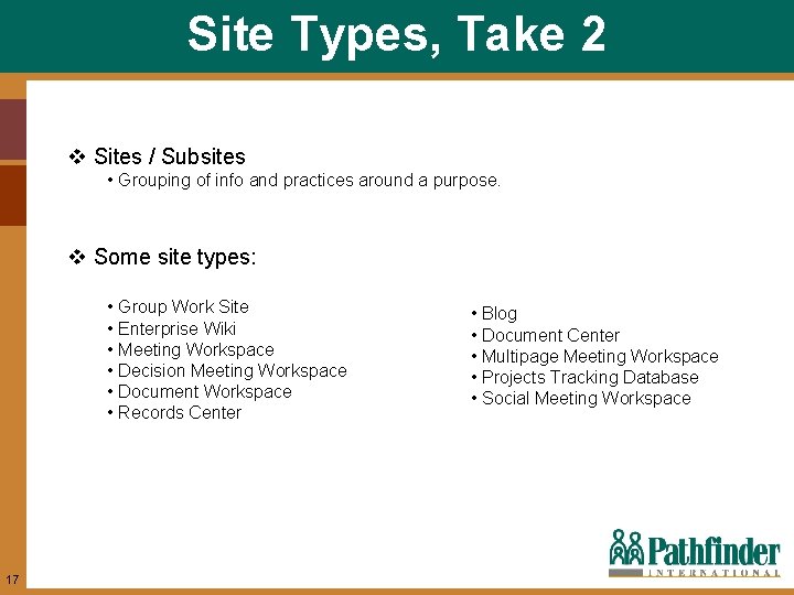 Site Types, Take 2 v Sites / Subsites • Grouping of info and practices