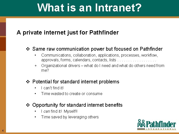 What is an Intranet? A private internet just for Pathfinder v Same raw communication