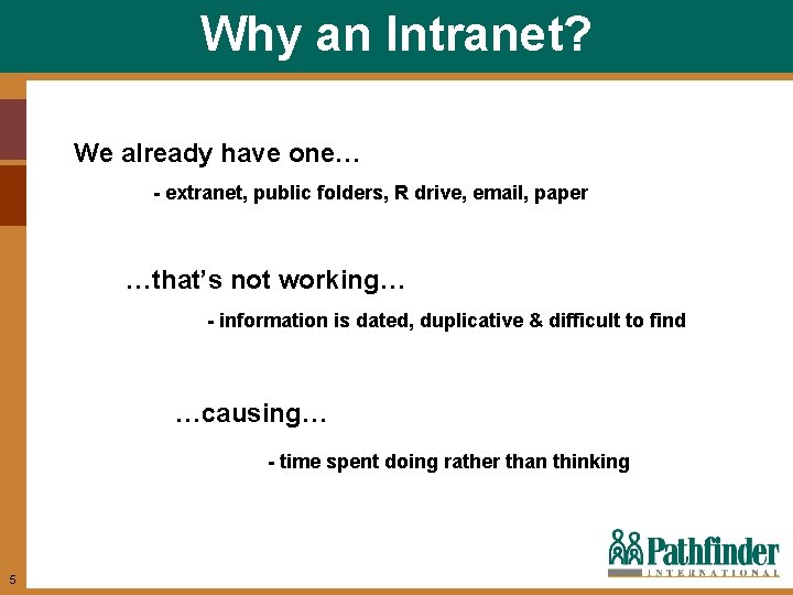 Why an Intranet? We already have one… - extranet, public folders, R drive, email,