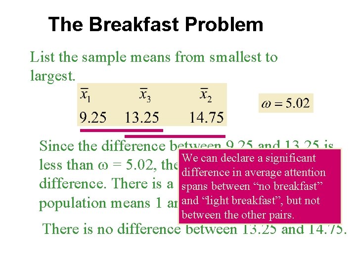 The Breakfast Problem List the sample means from smallest to largest. Since the difference