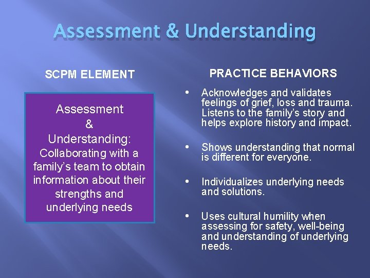 Assessment & Understanding SCPM ELEMENT PRACTICE BEHAVIORS • Acknowledges and validates Assessment & Understanding: