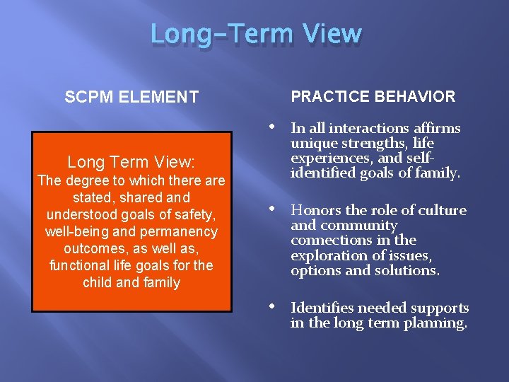 Long-Term View SCPM ELEMENT PRACTICE BEHAVIOR • In all interactions affirms Long Term View: