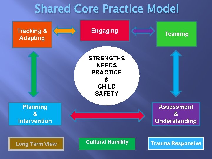 Shared Core Practice Model Tracking & Adapting Engaging Teaming STRENGTHS NEEDS PRACTICE & CHILD