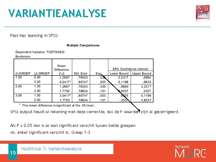 VARIANTIEANALYSE Post-hoc toetsing in SPSS: SPSS output houdt al rekening met deze correctie; dus