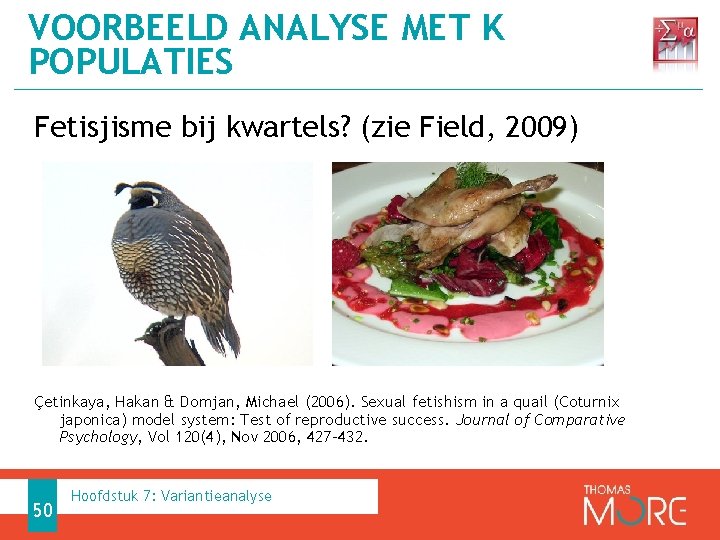 VOORBEELD ANALYSE MET K POPULATIES Fetisjisme bij kwartels? (zie Field, 2009) Çetinkaya, Hakan &