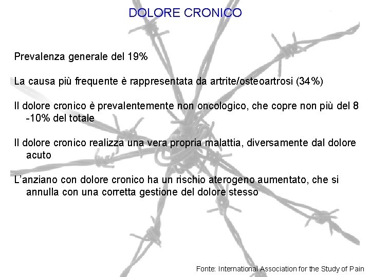 DOLORE CRONICO Prevalenza generale del 19% La causa più frequente è rappresentata da artrite/osteoartrosi