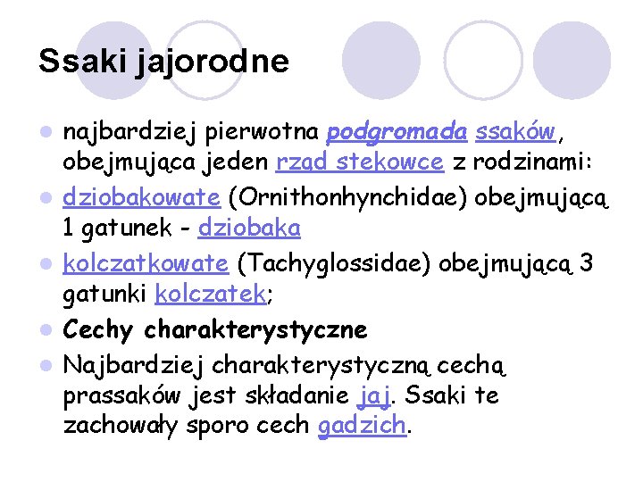 Ssaki jajorodne l l l najbardziej pierwotna podgromada ssaków, obejmująca jeden rząd stekowce z