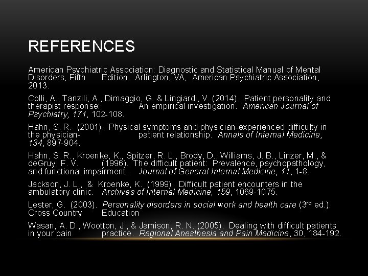 REFERENCES American Psychiatric Association: Diagnostic and Statistical Manual of Mental Disorders, Fifth Edition. Arlington,