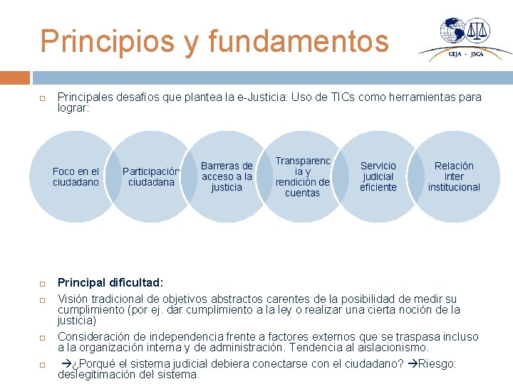 Principios y fundamentos Principales desafíos que plantea la e-Justicia: Uso de TICs como herramientas