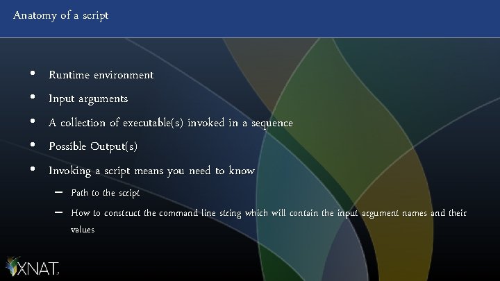 Anatomy of a script • • • Runtime environment Input arguments A collection of