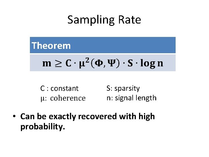 Sampling Rate Theorem S: sparsity n: signal length • Can be exactly recovered with