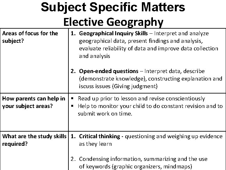 Subject Specific Matters Elective Geography Areas of focus for the subject? 1. Geographical Inquiry