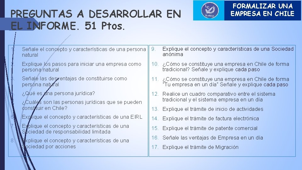PREGUNTAS A DESARROLLAR EN EL INFORME. 51 Ptos. FORMALIZAR UNA EMPRESA EN CHILE 1. PREGUNTAS A DESARROLLAR EN EL INFORME. 51 Ptos. FORMALIZAR UNA EMPRESA EN CHILE 1.
