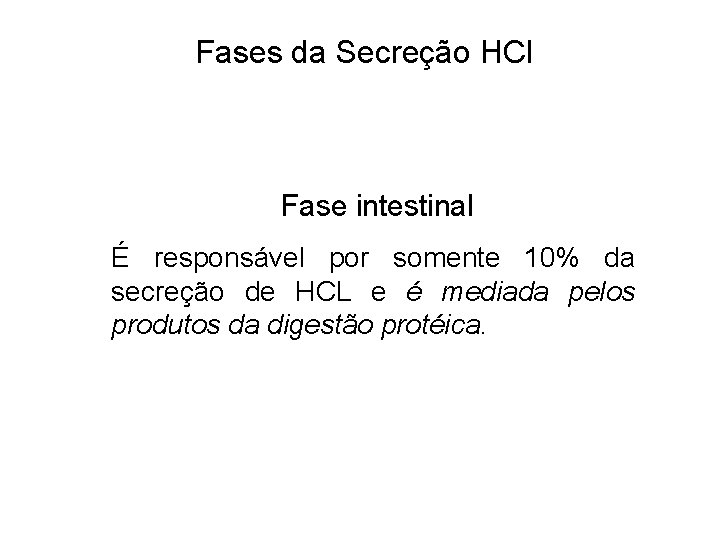 Fases da Secreção HCl Fase intestinal É responsável por somente 10% da secreção de
