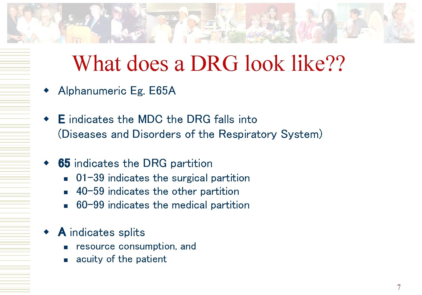 What does a DRG look like? ? w Alphanumeric Eg. E 65 A w