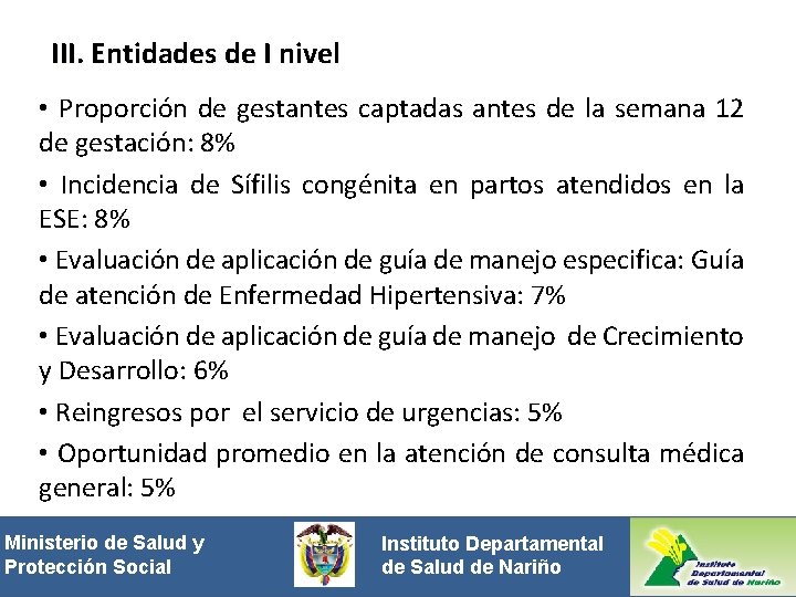 III. Entidades de I nivel • Proporción de gestantes captadas antes de la semana