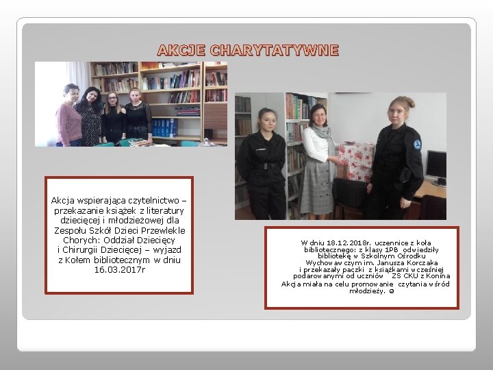 AKCJE CHARYTATYWNE Akcja wspierająca czytelnictwo – przekazanie książek z literatury dziecięcej i młodzieżowej dla AKCJE CHARYTATYWNE Akcja wspierająca czytelnictwo – przekazanie książek z literatury dziecięcej i młodzieżowej dla