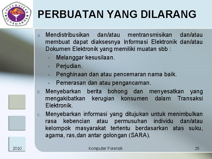 PERBUATAN YANG DILARANG a. b. c. 2010 Mendistribusikan dan/atau mentransmisikan dan/atau membuat dapat diaksesnya