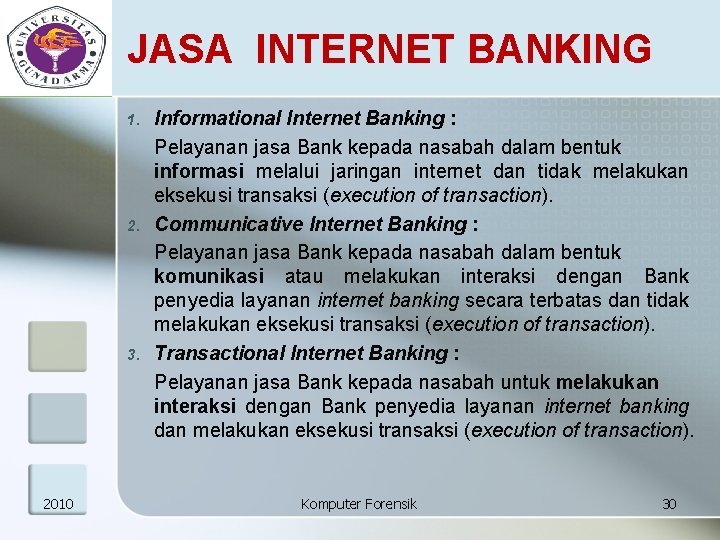 JASA INTERNET BANKING 1. 2. 3. 2010 Informational Internet Banking : Pelayanan jasa Bank