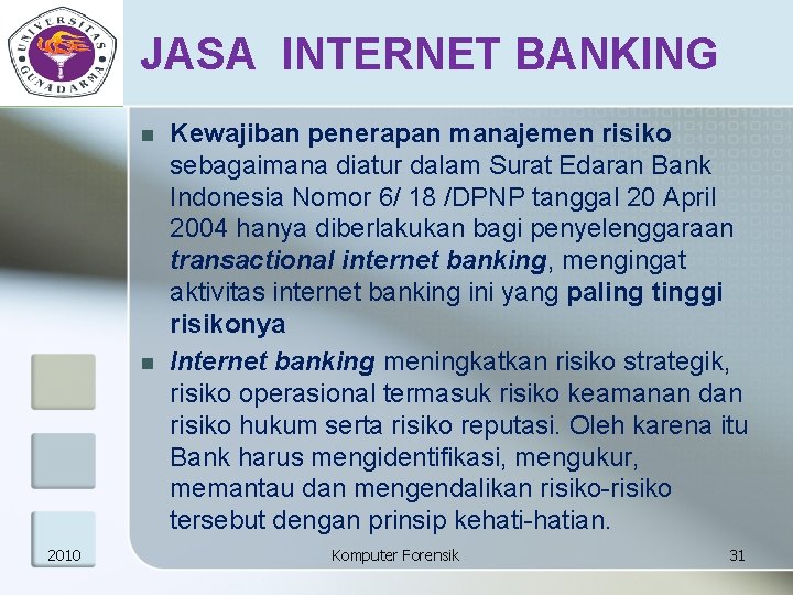 JASA INTERNET BANKING n n 2010 Kewajiban penerapan manajemen risiko sebagaimana diatur dalam Surat