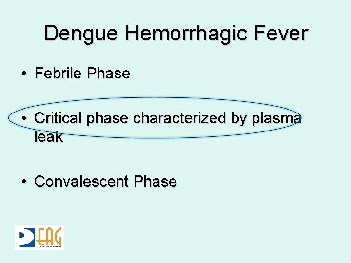 Dengue Hemorrhagic Fever • Febrile Phase • Critical phase characterized by plasma leak •