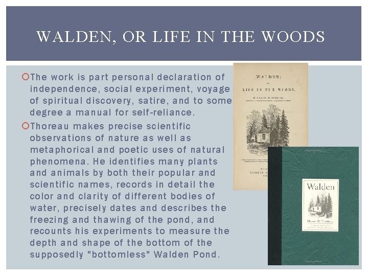 WALDEN, OR LIFE IN THE WOODS The work is part personal declaration of independence,