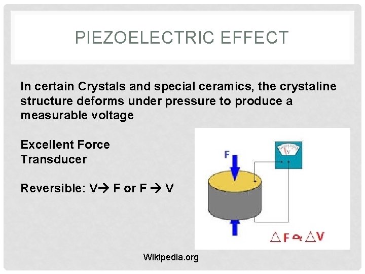 PIEZOELECTRIC EFFECT In certain Crystals and special ceramics, the crystaline structure deforms under pressure