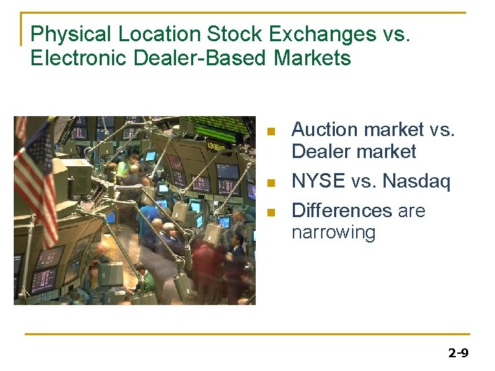Physical Location Stock Exchanges vs. Electronic Dealer-Based Markets n n n Auction market vs.