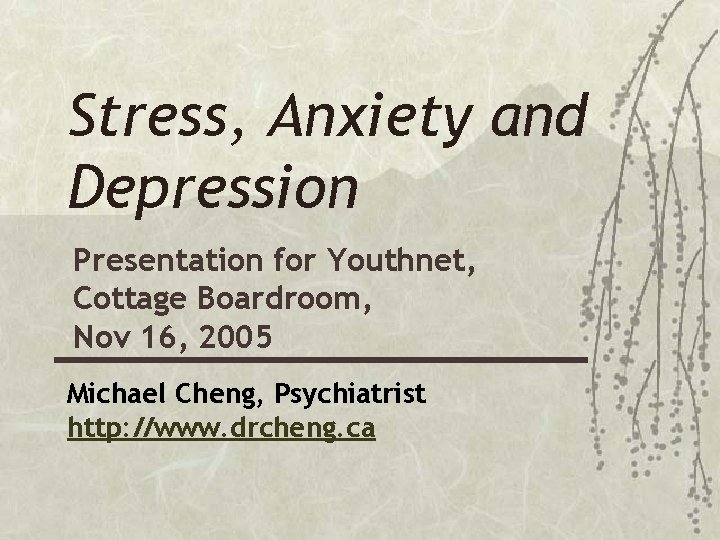 Stress, Anxiety and Depression Presentation for Youthnet, Cottage Boardroom, Nov 16, 2005 Michael Cheng,