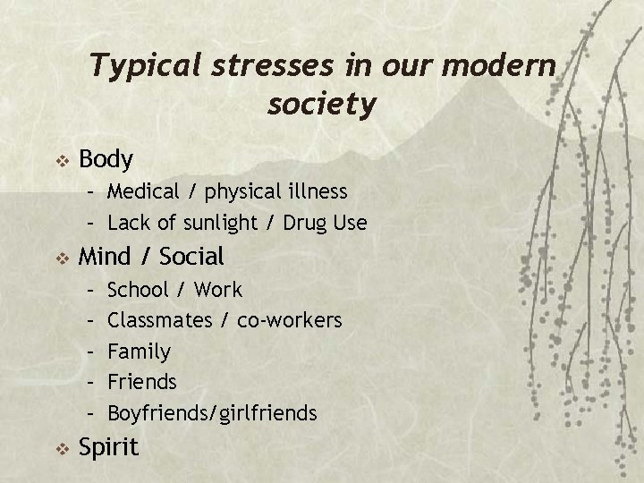 Typical stresses in our modern society v Body – Medical / physical illness –